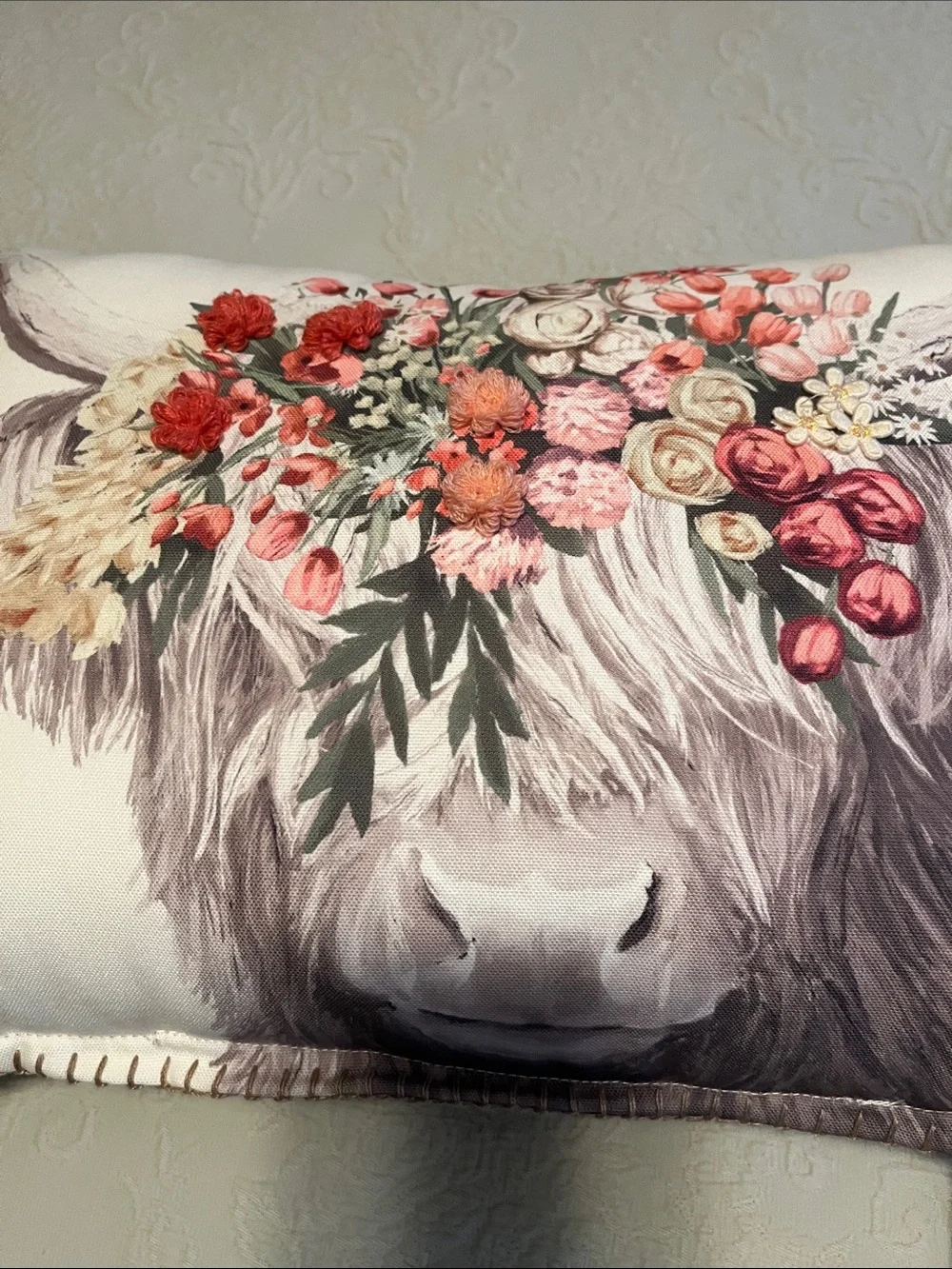Whimsical Floral Highland Cow Decorative Pillow - Cream